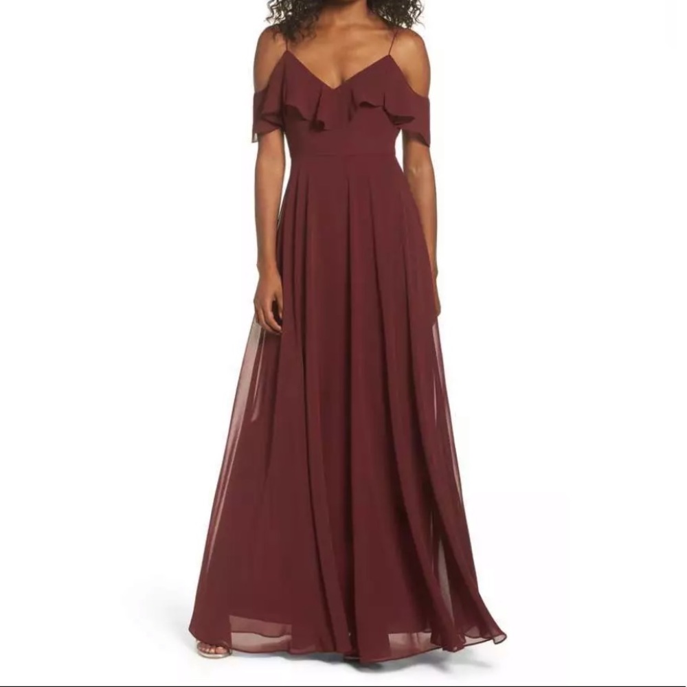 Jenny Yoo cold shoulder chiffon dress in hibiscus